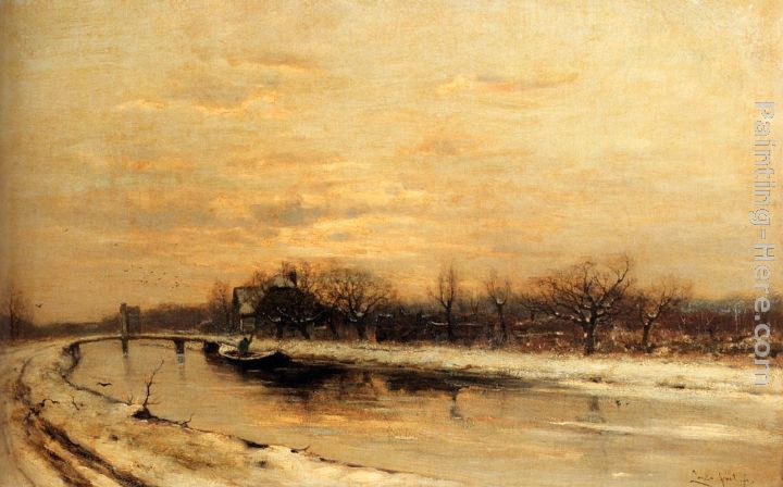 Winter An Orchard Alongside A Canal With A Farmhouse In The Distance At Dusk